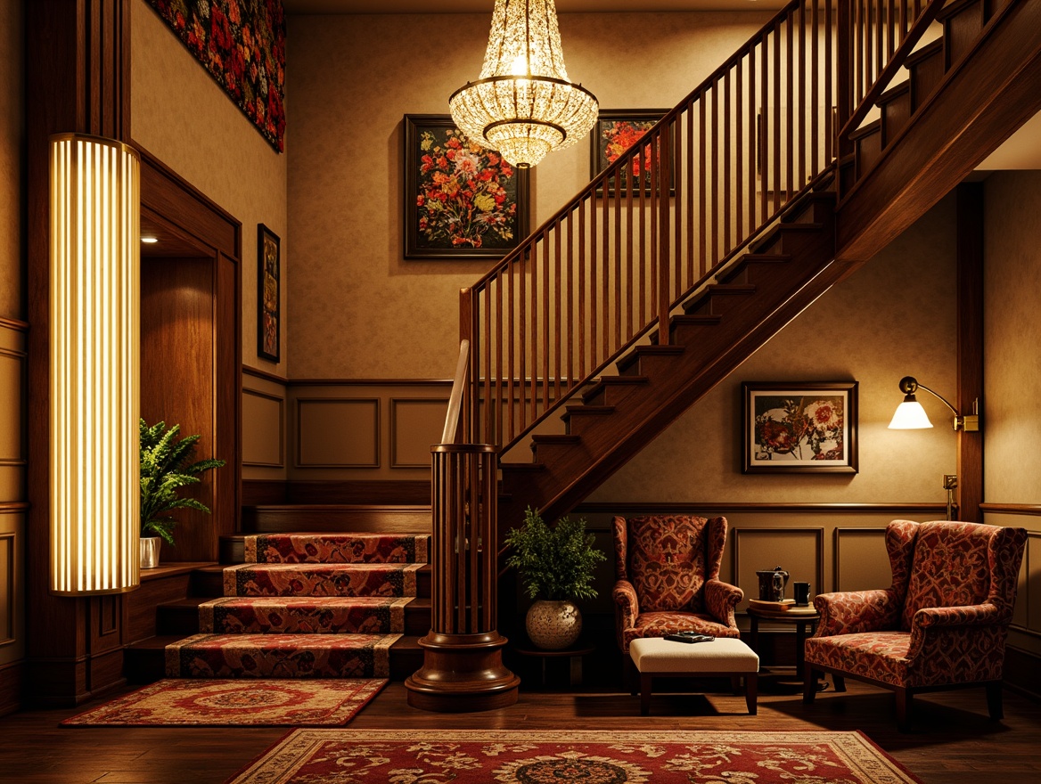 Prompt: Warm eclectic staircase, rich wooden banisters, ornate metal railings, vibrant colorful tapestries, soft warm glow, golden lighting accents, crystal chandelier, modern LED strip lights, cozy atmospheric ambiance, dramatic high contrast, shallow depth of field, 1/1 composition, realistic textures, ambient occlusion, warm beige walls, dark hardwood floors, plush carpeted stairs, eclectic art pieces, vintage furniture, bold patterned rugs.