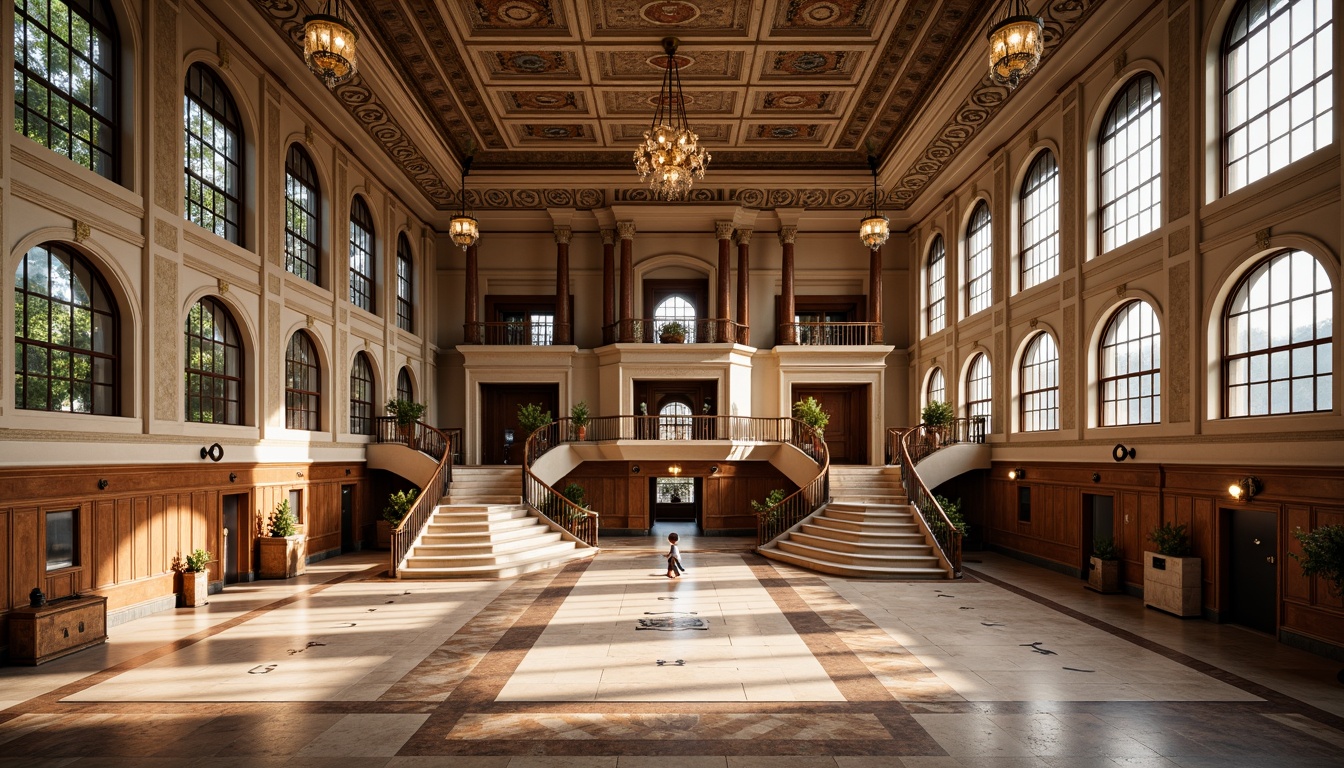 Prompt: Grandiose gymnasium, ornate columns, classical arches, polished marble flooring, intricate mosaics, luxurious wooden accents, elegant chandeliers, stately balconies, majestic staircases, vintage athletic equipment, richly colored walls, ornamental mirrors, refined plaster ceilings, soft warm lighting, 1/2 composition, symmetrical framing, realistic textures, ambient occlusion.