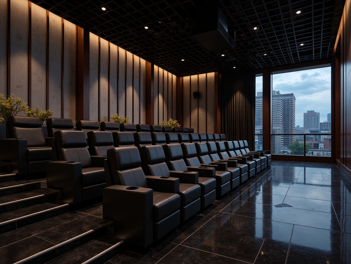 Prompt: Darkened cinema hall, plush velvet seats, metallic silver accents, glossy black flooring, rich wood paneling, ambient LED lighting, minimalist decor, sleek glass railings, industrial concrete walls, distressed metal textures, urban cityscape views, evening atmosphere, moody color palette, high-contrast lighting, shallow depth of field, 2/3 composition, cinematic camera angles, realistic reflections, subtle lens flares.