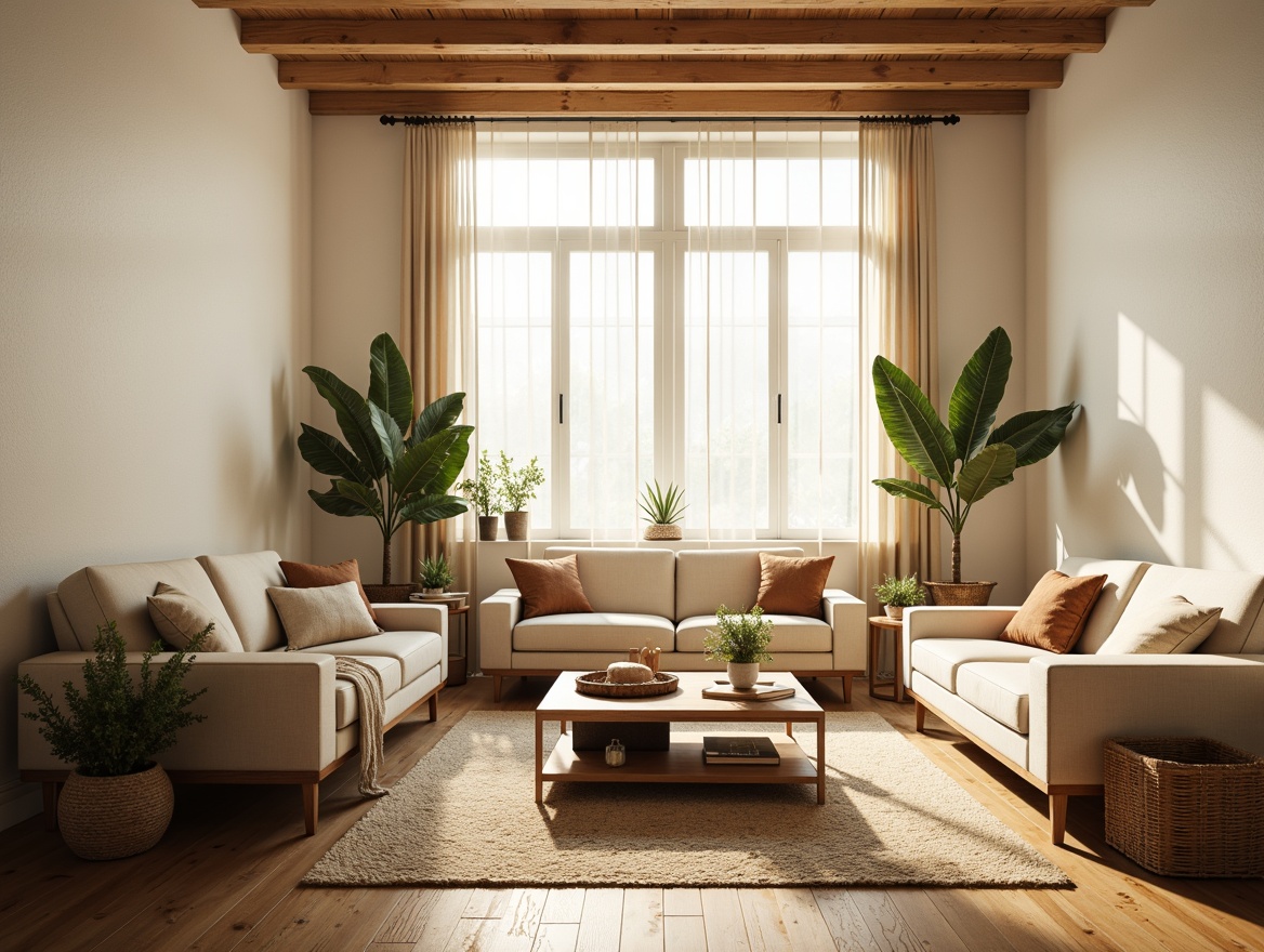 Prompt: Cozy living room, warm natural lighting, large windows, sheer curtains, soft diffused sunlight, creamy white walls, wooden flooring, minimalist decor, comfortable sofas, greenery plants, vintage rugs, rustic wood accents, warm beige tones, relaxing ambiance, shallow depth of field, 1/1 composition, panoramic view, realistic textures, ambient occlusion.