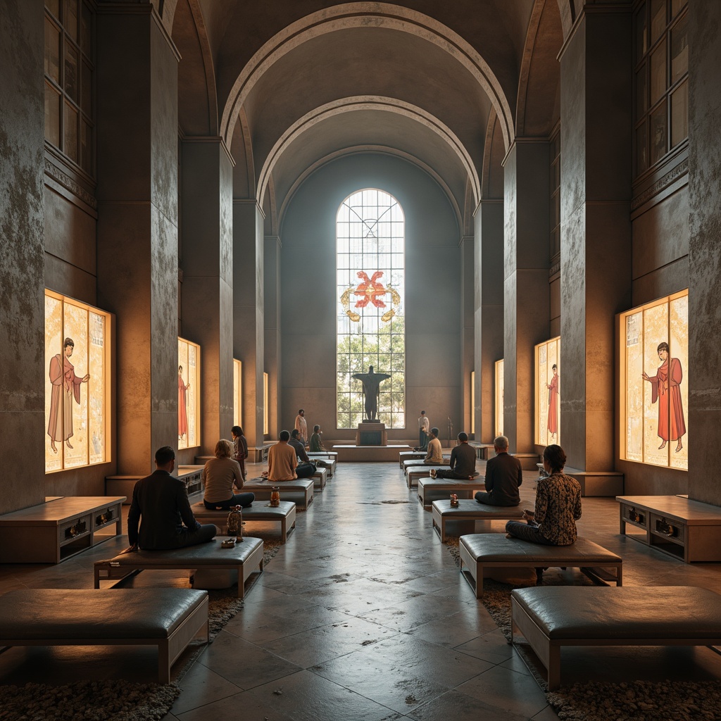 Prompt: Minimalist monastery interior, futuristic spiritual ambiance, sleek metallic furniture, holographic prayer screens, levitating meditation chairs, ambient LED lighting, geometric stone flooring, avant-garde stained glass windows, 3D-printed sacred relics, cyberpunk-inspired altarpieces, atmospheric misting systems, soft warm glow, shallow depth of field, 1/1 composition, cinematic camera angles, realistic reflective surfaces.