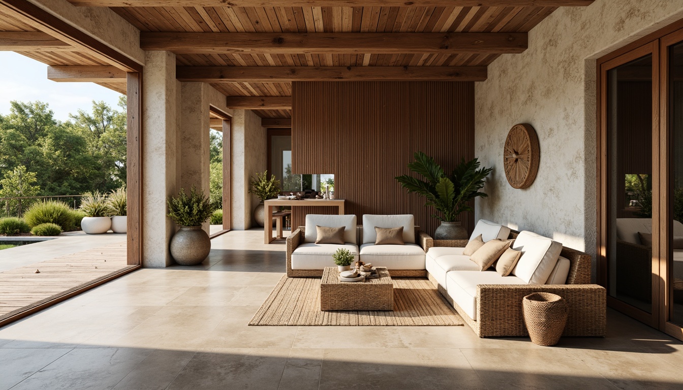 Prompt: Rustic villa, weathered stone walls, earthy tones, natural textures, wooden accents, minimalist decor, sleek lines, modern simplicity, expansive windows, sliding glass doors, lush greenery, serene atmosphere, warm lighting, shallow depth of field, 3/4 composition, panoramic view, realistic textures, ambient occlusion, rough-hewn wood flooring, smooth concrete surfaces, woven rattan furniture, linen upholstery, organic shapes, subtle patterns.