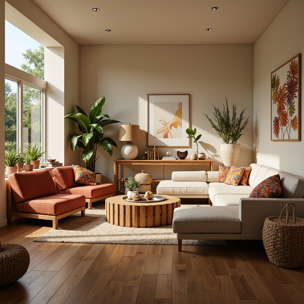 Prompt: Cozy living room, plush sofas, velvety armchairs, wooden coffee tables, woven baskets, soft cushions, vibrant throw pillows, modern minimalist decor, natural light pouring in, warm beige walls, polished hardwood floors, stylish lamps, greenery plants, relaxed atmosphere, calm ambiance, shallow depth of field, 1/2 composition, realistic textures, ambient occlusion.