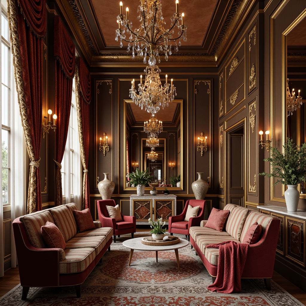 Prompt: Luxurious interior space, ornate furnishings, intricate wood carvings, lavish fabrics, velvet drapes, golden accents, crystal chandeliers, marble countertops, ornamental vases, decorative mirrors, gilded frames, elegant wall patterns, rich textures, warm ambient lighting, soft focus, 1/1 composition, realistic reflections.