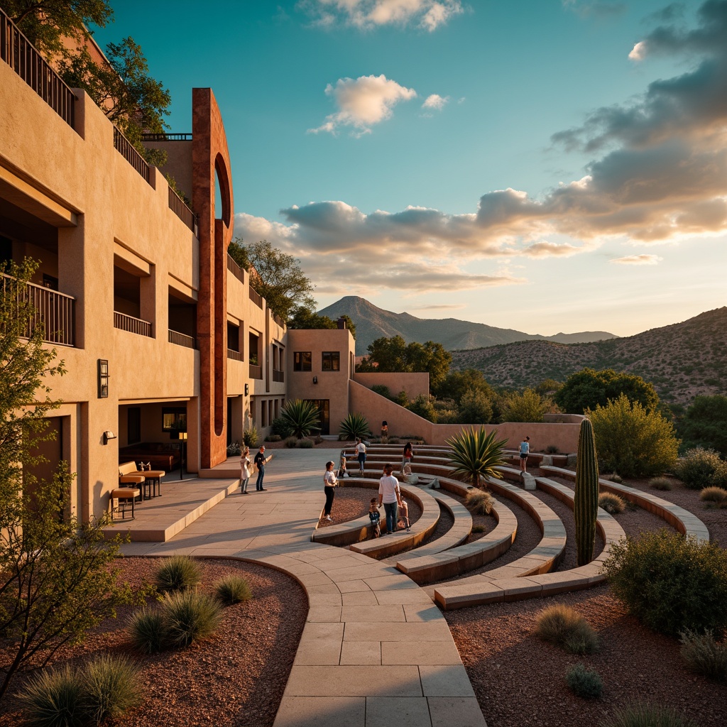 Prompt: Southwestern amphitheater, natural stone seating, curved rows, intimate stage setting, warm beige stucco walls, rusted metal accents, earthy terrain, cacti adorning, vibrant turquoise sky, dramatic sunsets, soft warm lighting, shallow depth of field, 3/4 composition, panoramic view, realistic textures, ambient occlusion, optimal sound wave diffusion, precision speaker placement, acoustic paneling, sound-absorbing materials, minimal echo reverberation, crystal-clear vocal clarity, immersive audio experience.