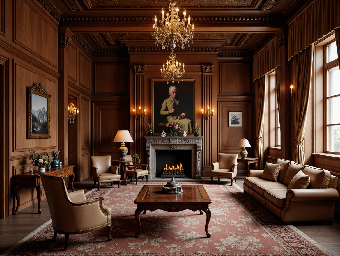 Prompt: Rich wood paneling, ornate moldings, luxurious fabrics, velvet drapes, golden accents, stately chandeliers, refined leather armchairs, vintage game tables, antique accessories, warm earthy tones, soft diffused lighting, shallow depth of field, 2/3 composition, realistic textures, ambient occlusion.