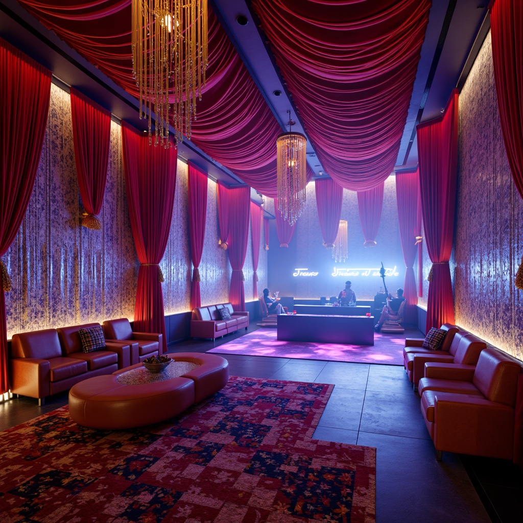 Prompt: Vibrant nightclub interior, luxurious velvet drapes, metallic silver accents, neon-lit dance floor, strobe lights, DJ booth, comfortable sofas, patterned rugs, bold colorful textiles, abstract geometric prints, iridescent fabrics, holographic materials, futuristic lighting fixtures, immersive atmospheric effects, shallow depth of field, 1/1 composition, panoramic view, realistic reflections, ambient occlusion.