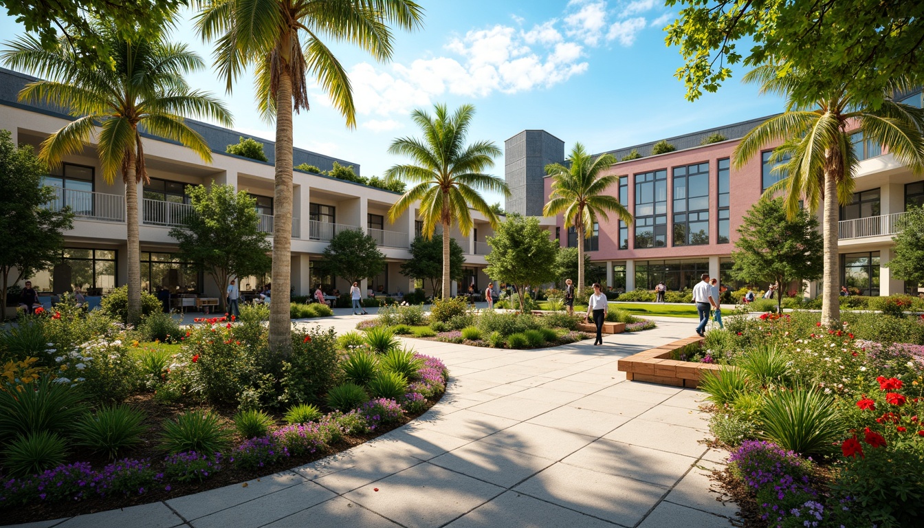 Prompt: Tropical high school campus, lush greenery, palm trees, vibrant flowers, colorful hibiscus, exotic plants, natural stone walkways, wooden benches, educational signs, modern architecture, large windows, glass doors, blooming gardens, sunny day, soft warm lighting, shallow depth of field, 3/4 composition, panoramic view, realistic textures, ambient occlusion, tropical-inspired water features, koi ponds, outdoor seating areas, shaded courtyards, misting systems, vibrant colorful textiles, intricate geometric motifs.