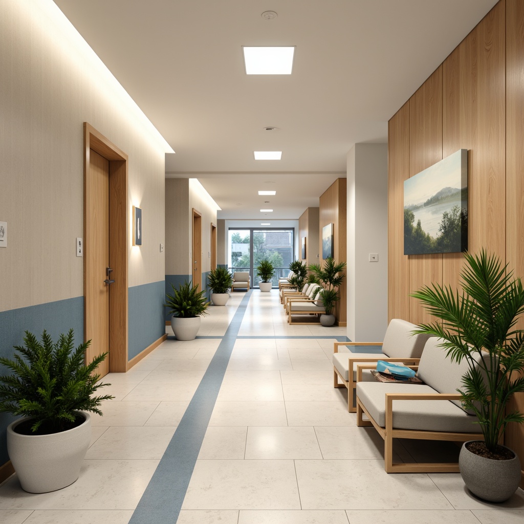 Prompt: Calming hospital corridors, soft pastel colors, gentle beige walls, soothing blue accents, natural wood tones, warm white lighting, comfortable seating areas, lush green plants, peaceful atmosphere, subtle texture variations, 3D visual interest, harmonious color balance, nature-inspired patterns, calming artwork, serene ambiance, warm neutral tones, inviting waiting areas, uplifting color scheme, airy open spaces, minimalist decor, modern medical equipment, soft cushioning, rounded corners, non-institutional feel, human-centered design.