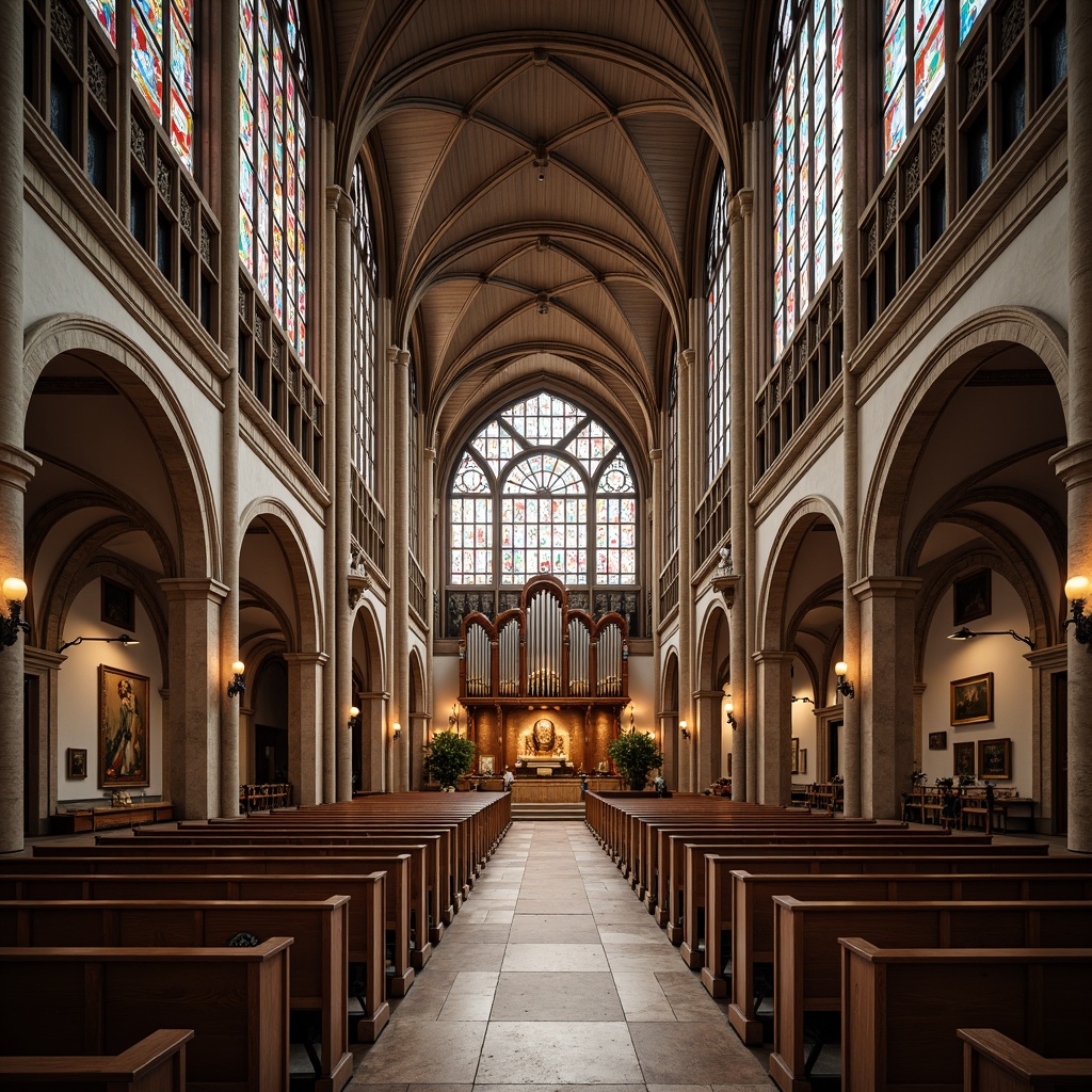 Prompt: \Sacred worship space, grand cathedral architecture, soaring vaulted ceilings, large stained glass windows, vibrant colorful patterns, intricate stone carvings, polished marble floors, ornate wooden pews, majestic organ pipes, subtle natural lighting, warm golden tones, dramatic shadows, 1/1 composition, symmetrical framing, soft diffused light, ambient illumination, realistic textures, detailed ornamentation.\