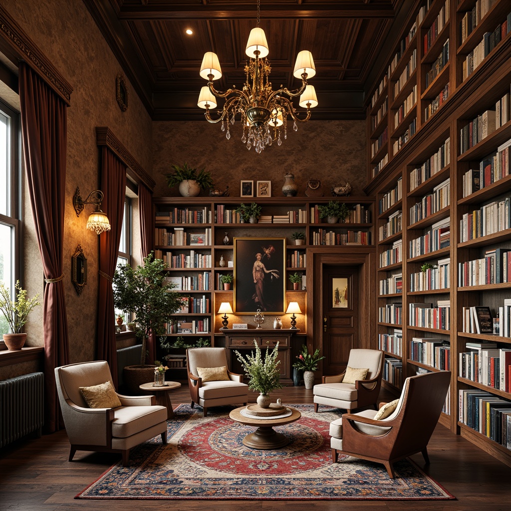 Prompt: Whimsical library interior, eclectic book collections, vintage reading lamps, industrial metal chandeliers, reclaimed wood shelves, distressed leather armchairs, ornate bronze sconces, crystal drop pendant lights, colorful Moroccan tiles, plush area rugs, floor-to-ceiling bookcases, ladder bookshelves, warm cozy atmosphere, soft golden lighting, dramatic high ceilings, 1/2 composition, intimate reading nooks, rustic wooden accents.