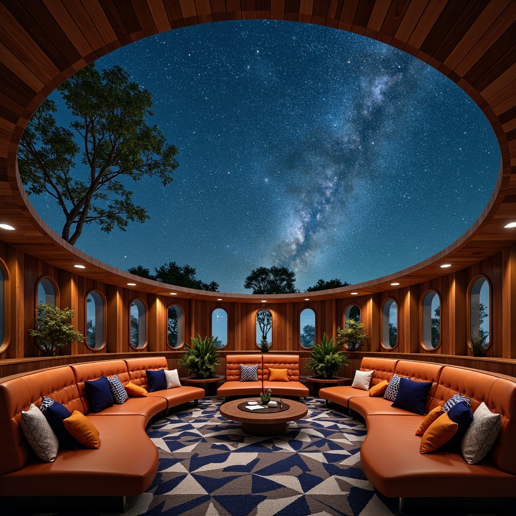 Prompt: Celestial planetarium, dome-shaped architecture, retro-futuristic vibes, starry night sky, ambient lighting, plush seating areas, curved wooden benches, geometric patterned rugs, minimalist coffee tables, sleek metal legs, rounded edges, walnut wood tones, tufted upholstery, bold color accents, atomic age patterns, sputnik-inspired decor, 3D constellation projections, soft glow illumination, shallow depth of field, 1/1 composition, realistic textures.