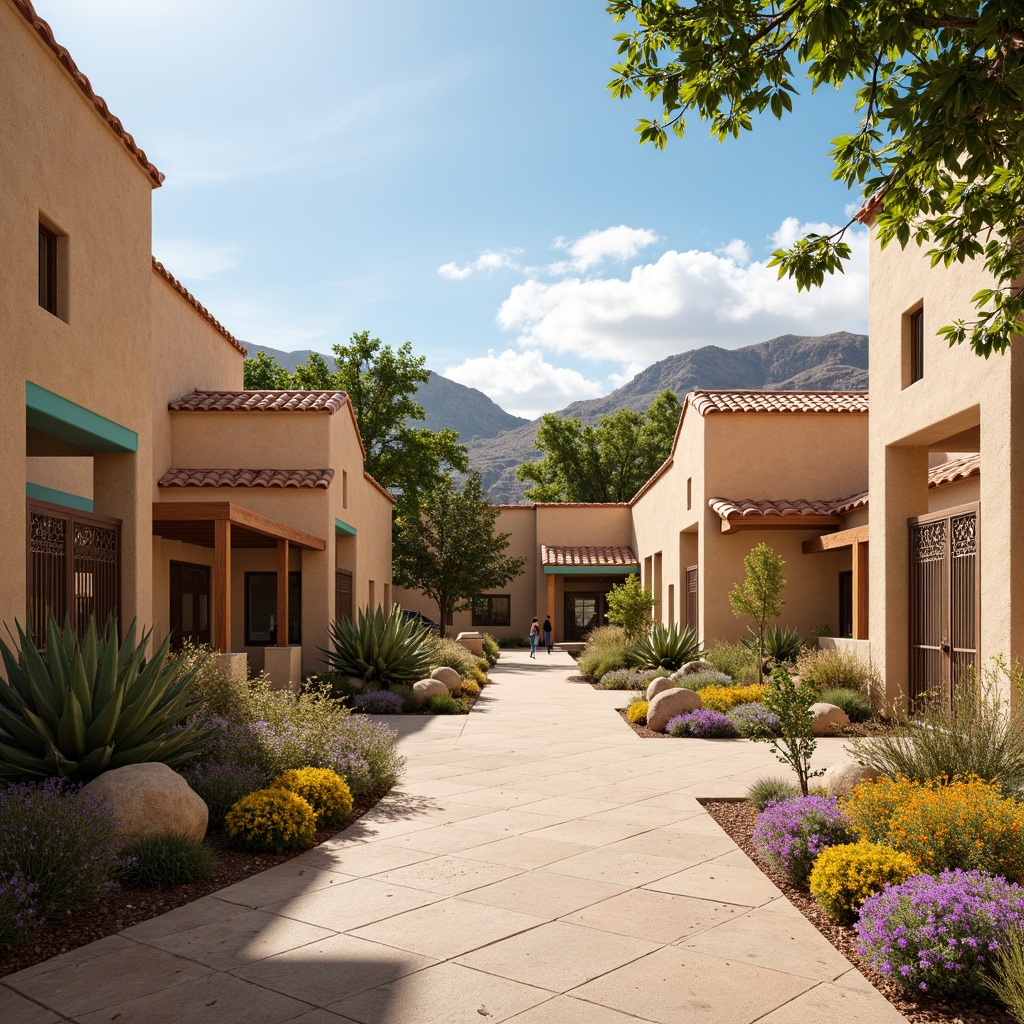 Prompt: Vibrant southwestern campus, adobe-style buildings, warm earthy tones, terracotta rooftops, sandy beige walls, turquoise accents, rustic wooden doors, wrought iron details, vibrant cacti, succulent plants, desert wildflowers, sunny day, soft warm lighting, shallow depth of field, 3/4 composition, panoramic view, realistic textures, ambient occlusion.