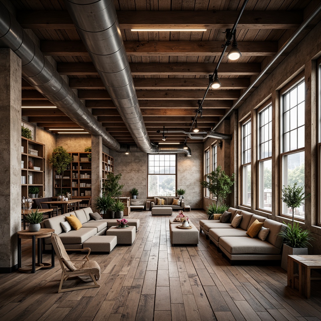 Prompt: Rustic industrial space, exposed beams, distressed wood, metal accents, urban loft atmosphere, reclaimed wooden floors, brick walls, large windows, natural light, minimalist decor, functional pipes, concrete ceilings, industrial lighting fixtures, cozy seating areas, warm color palette, shallow depth of field, 2/3 composition, realistic textures, ambient occlusion.