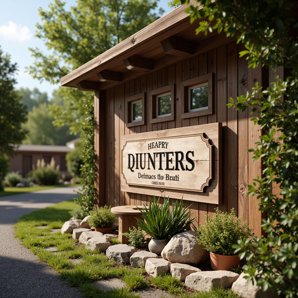 Prompt: Rustic wooden signage, distressed finishes, vintage typography, earthy color palette, reclaimed wood accents, natural stone foundations, charming countryside atmosphere, lush greenery surroundings, warm sunny day, soft warm lighting, shallow depth of field, 3/4 composition, panoramic view, realistic textures, ambient occlusion.