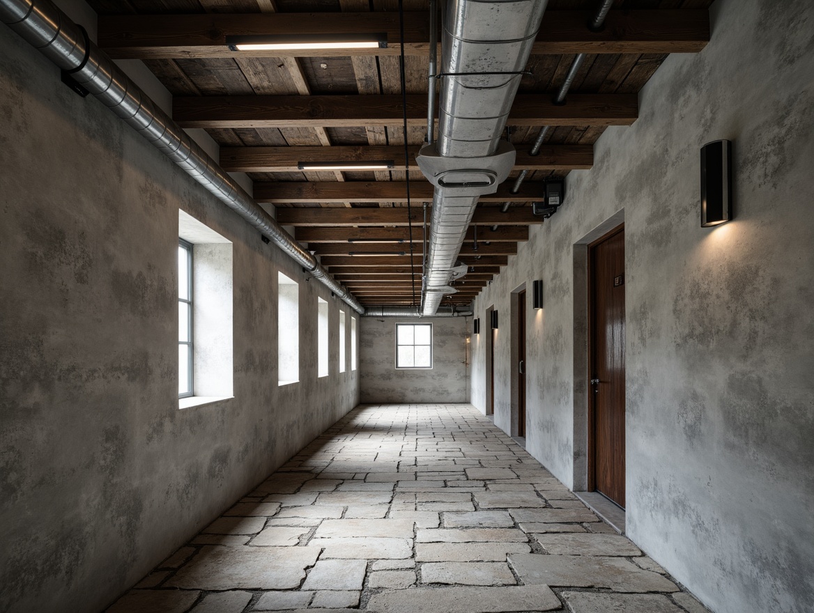 Prompt: Exposed ductwork, raw concrete walls, industrial-style lighting fixtures, metal beams, rugged stone floors, minimalist decor, functional simplicity, brutalist architecture, urban loft atmosphere, distressed wood accents, reclaimed materials, mechanical equipment visibility, urban decay aesthetic, monochromatic color scheme, dramatic shadows, high ceilings, open spaces, industrial heritage inspiration, functional minimalism, structural honesty, raw unfinished textures.