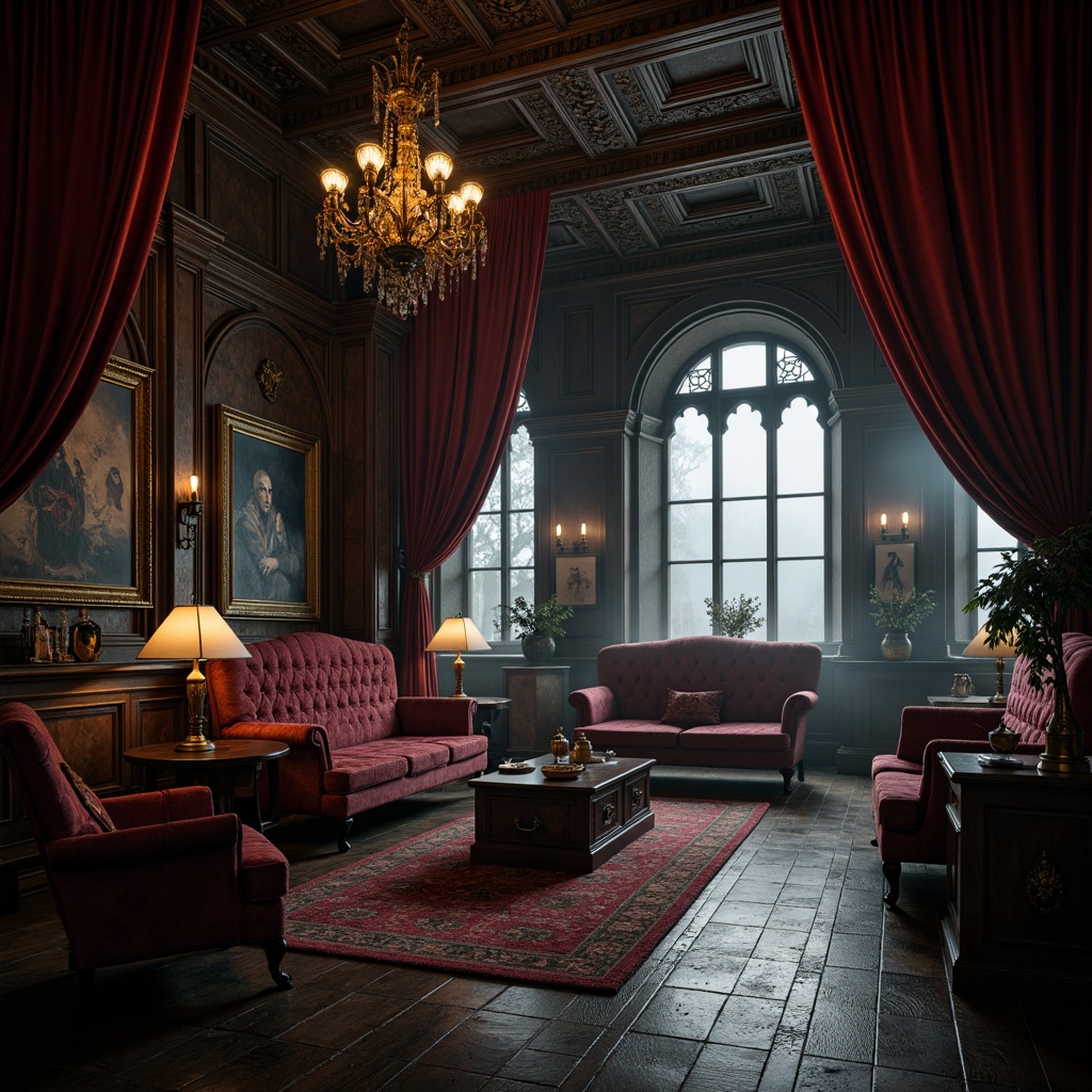 Prompt: Dark mysterious ambiance, rich velvet drapes, ornate wooden furniture, intricate stone carvings, lavish chandeliers, dim warm lighting, eerie shadows, luxurious fabrics, heavy metal accents, mystical symbols, ancient artifacts, medieval-inspired architecture, grand high ceilings, ornamental mirrors, mysterious corridors, foggy atmosphere, misty windows, subtle color grading, cinematic mood lighting, 2.35