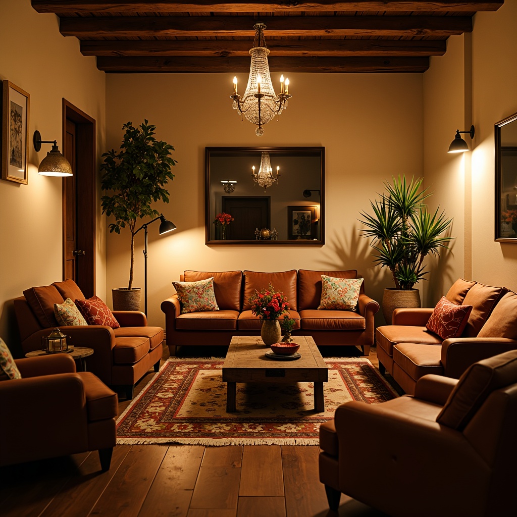 Prompt: Cozy living room, warm beige walls, plush velvet sofa, rustic wooden coffee table, soft glow floor lamps, delicate glass pendant lights, bronze metal fixtures, subtle ambient lighting, gentle candlelight, dramatic ceiling fixture, ornate crystal chandelier, rich brown leather armchairs, vibrant colorful throw pillows, natural fiber rugs, earthy tone ceramics, warm inviting atmosphere, relaxing evening ambiance, shallow depth of field, 1/2 composition, soft focus, warm color temperature.