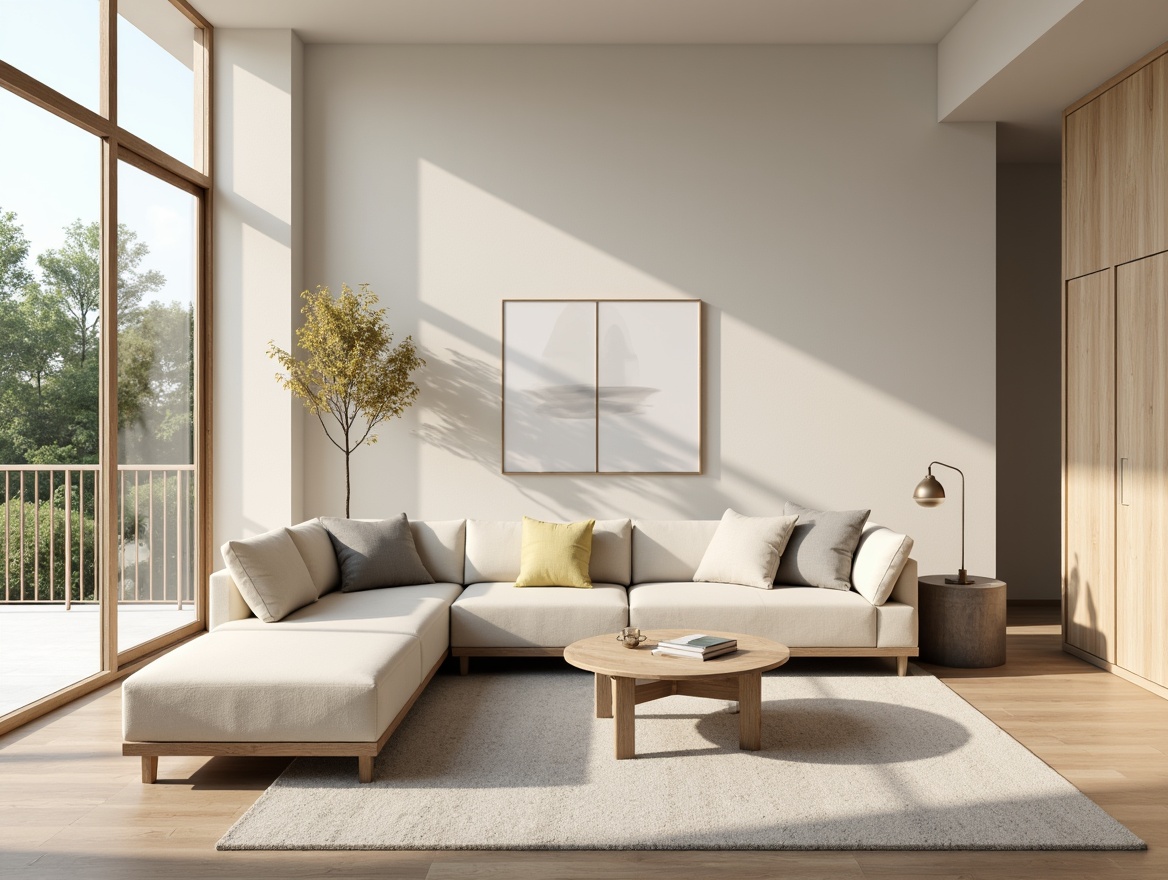 Prompt: Minimalist living room, neutral color scheme, beige walls, creamy furniture, soft gray accents, natural wood textures, minimal ornamentation, sleek lines, Scandinavian-inspired decor, floor-to-ceiling windows, abundant natural light, subtle shading, 1/1 composition, realistic rendering, ambient occlusion.