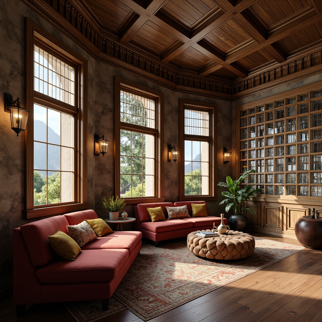 Prompt: Richly textured walls, wooden accents, natural stone cladding, metallic sheen, glass blocks, ornate moldings, tactile surfaces, earthy color palette, warm ambient lighting, soft focus, shallow depth of field, 1/1 composition, realistic reflections, atmospheric perspective, intricate patterns, luxurious fabrics, elaborate furnishings.