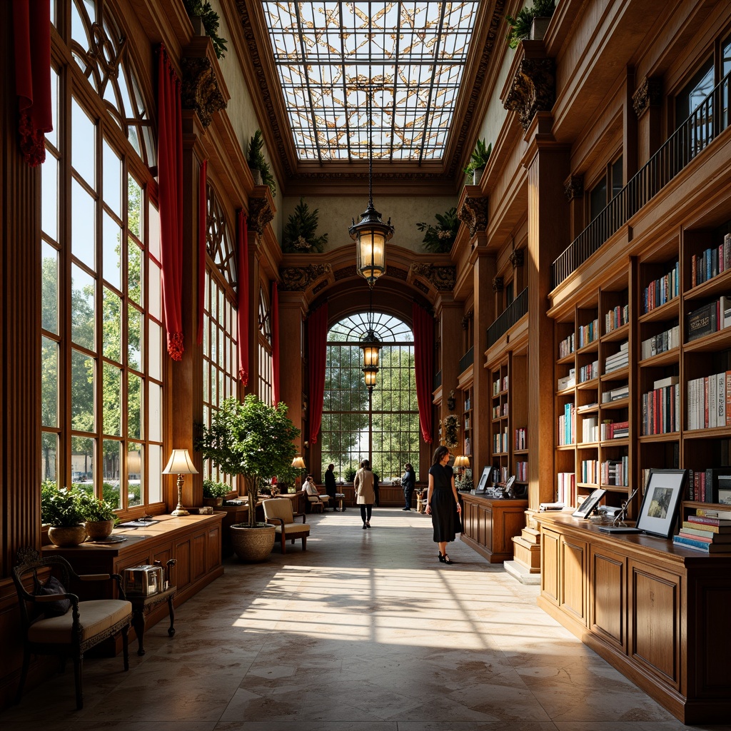 Prompt: Elegant bookstore, stained glass ceiling, ornate wooden shelves, leather-bound books, vintage reading lamps, rich velvet drapes, intricate Gothic arches, ornamental pilasters, polished marble floors, grand chandeliers, warm golden lighting, soft focus, 1/2 composition, Renaissance-inspired facade, decorative stone carvings, lush greenery, sunny afternoon, ambient shadows.