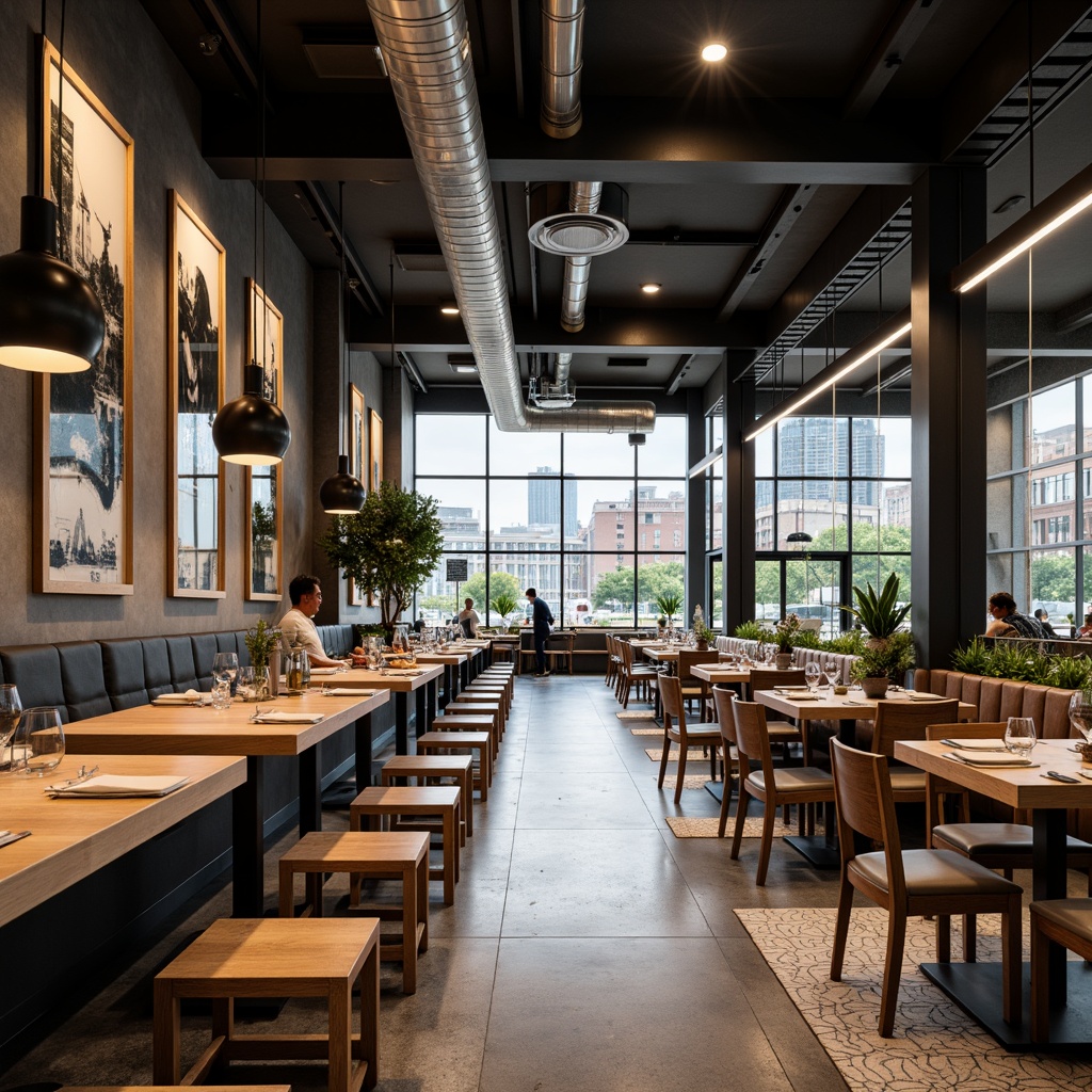 Prompt: Modern restaurant interior, sleek wooden floors, polished concrete surfaces, geometric patterned tiles, LED-lit flooring, high-gloss finishes, industrial-chic exposed ductwork, minimalist decor, contemporary furniture, urban atmosphere, bustling cityscape, natural light pouring in, shallow depth of field, 1/1 composition, realistic textures, ambient occlusion.