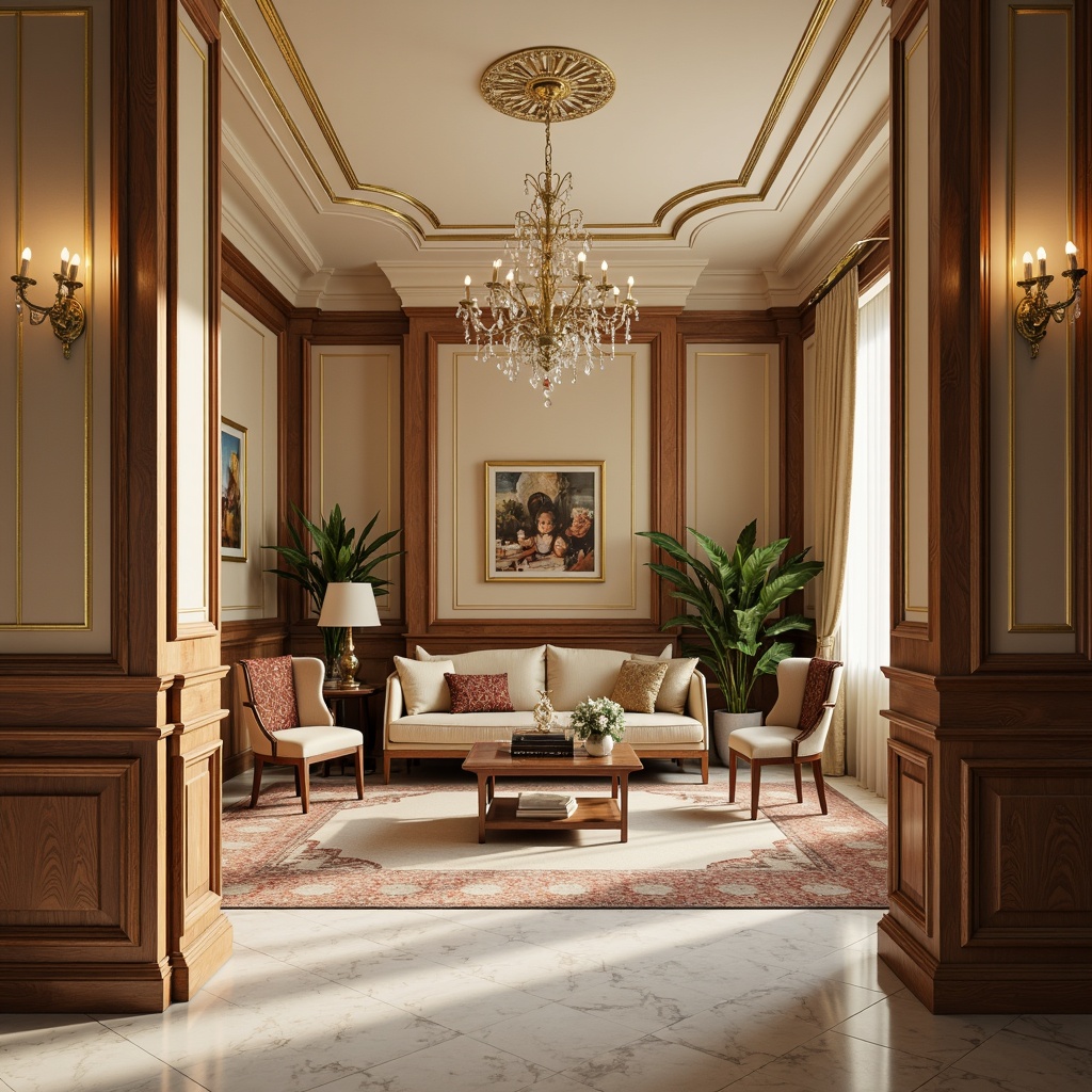 Prompt: Elegant neoclassical interior, warm beige walls, rich walnut wood furniture, ornate gold accents, soft cream ceiling, subtle marble flooring, refined velvet upholstery, lavish crystal chandeliers, symmetrical composition, classical architectural details, subtle shadows, softbox lighting, 1/2 composition, realistic textures, ambient occlusion.