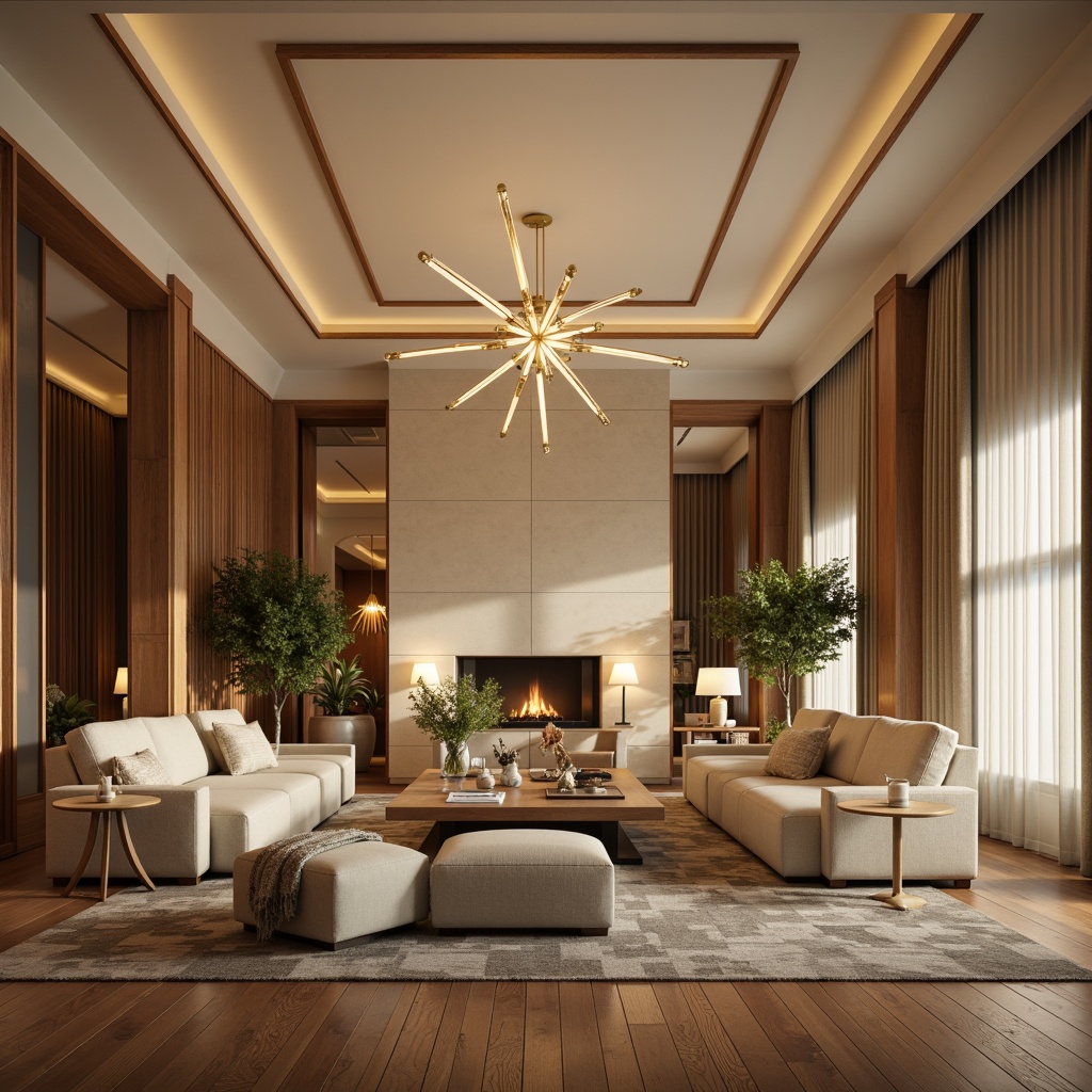 Prompt: Cozy living room, warm beige walls, plush furniture, rich wood accents, elegant chandeliers, soft pendant lights, table lamps, floor lamps, warm white lighting, gentle shadows, inviting atmosphere, modern minimalist decor, sleek lines, natural textiles, comfortable seating areas, calm ambiance, subtle color palette, 1/1 composition, soft focus, warm glow.