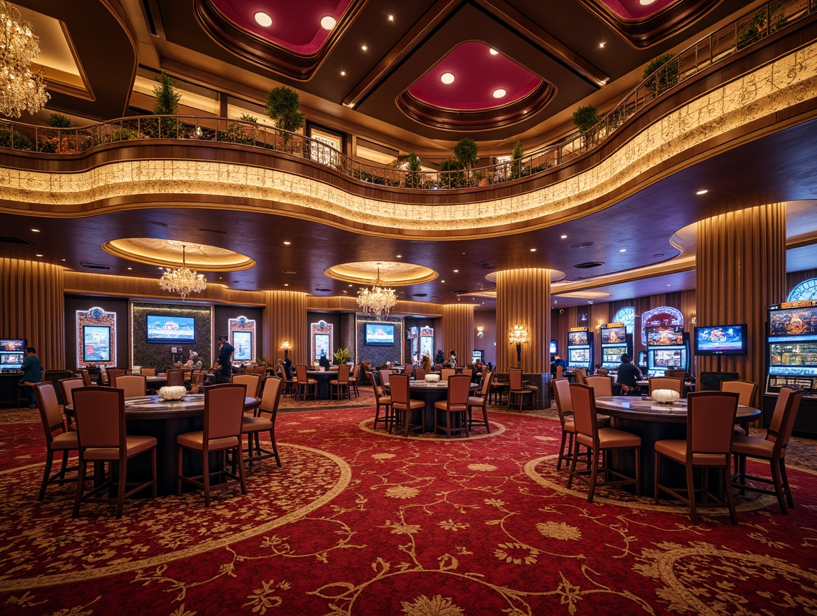 Prompt: Luxurious casino interior, rich velvet fabrics, ornate golden accents, polished marble floors, crystal chandeliers, plush red carpets, elegant curved lines, sophisticated dark wood tones, ambient warm lighting, dramatic high ceilings, intricate moldings, lavish decorations, vibrant LED displays, sleek metal railings, opulent furnishings, upscale atmosphere, detailed patterns, majestic architecture, grandiose scale, 1/1 composition, shallow depth of field, realistic textures.