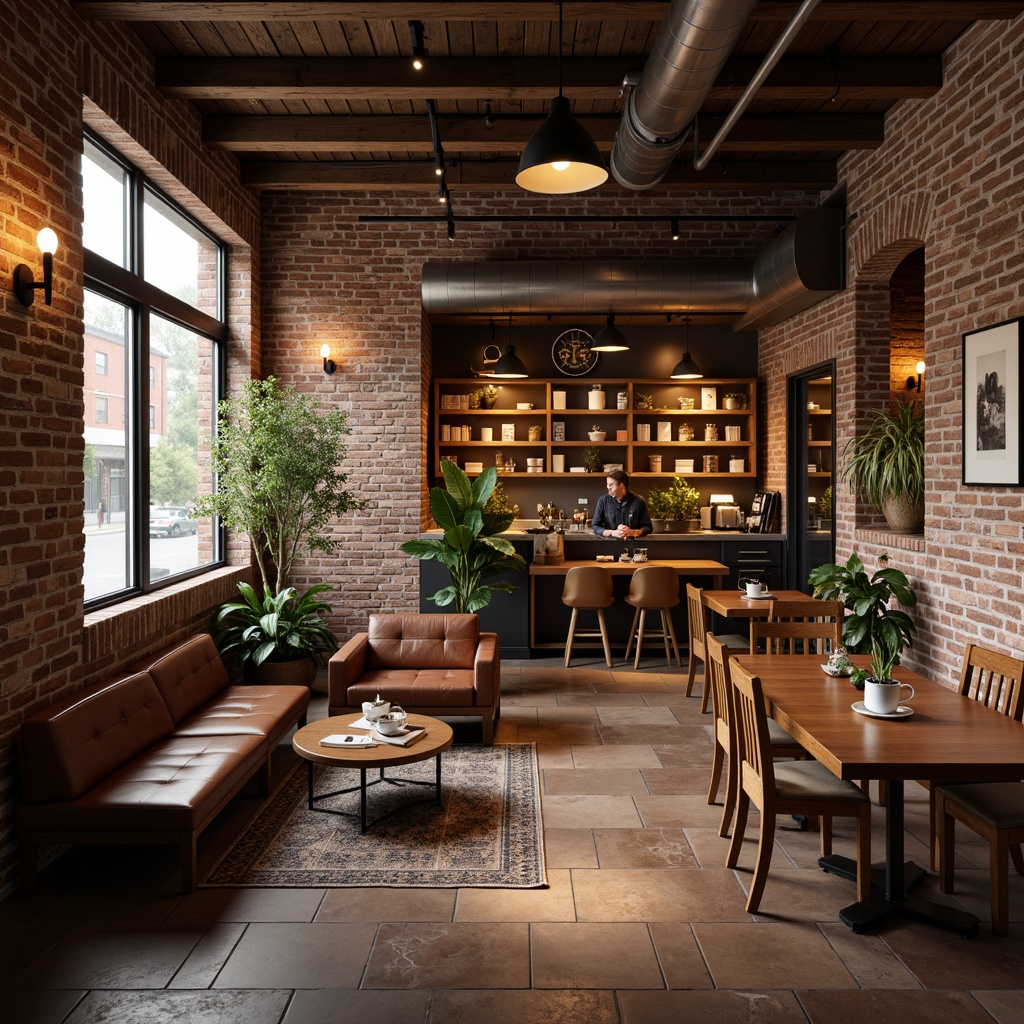 Prompt: Cozy coffee shop, warm wood tones, rich leather upholstery, natural stone flooring, exposed brick walls, reclaimed wood accents, earthy color palette, comfortable seating areas, rustic metal lighting fixtures, vintage decor elements, aromatic scents, soft background music, intimate ambiance, 1/1 composition, shallow depth of field, realistic textures.