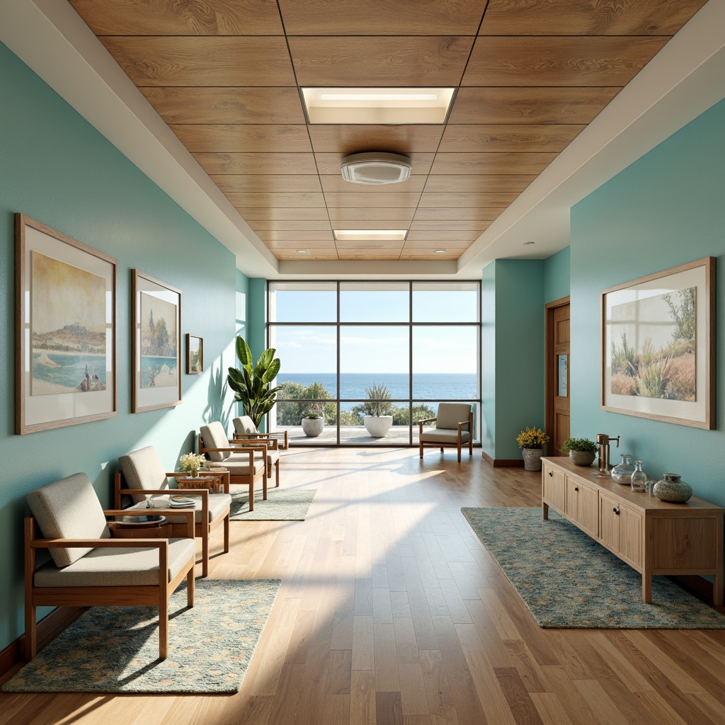 Prompt: Sandy beach-inspired healthcare facility, calming ocean views, natural light-filled corridors, polished wood flooring, driftwood accents, sea salt-colored walls, soothing aqua hues, ergonomic seating areas, acoustic ceiling tiles, minimal ornamentation, easy-to-clean surfaces, water-resistant materials, slip-resistant floors, durable vinyl flooring, subtle wave-patterned rugs, soft warm lighting, shallow depth of field, 1/1 composition, realistic textures, ambient occlusion.