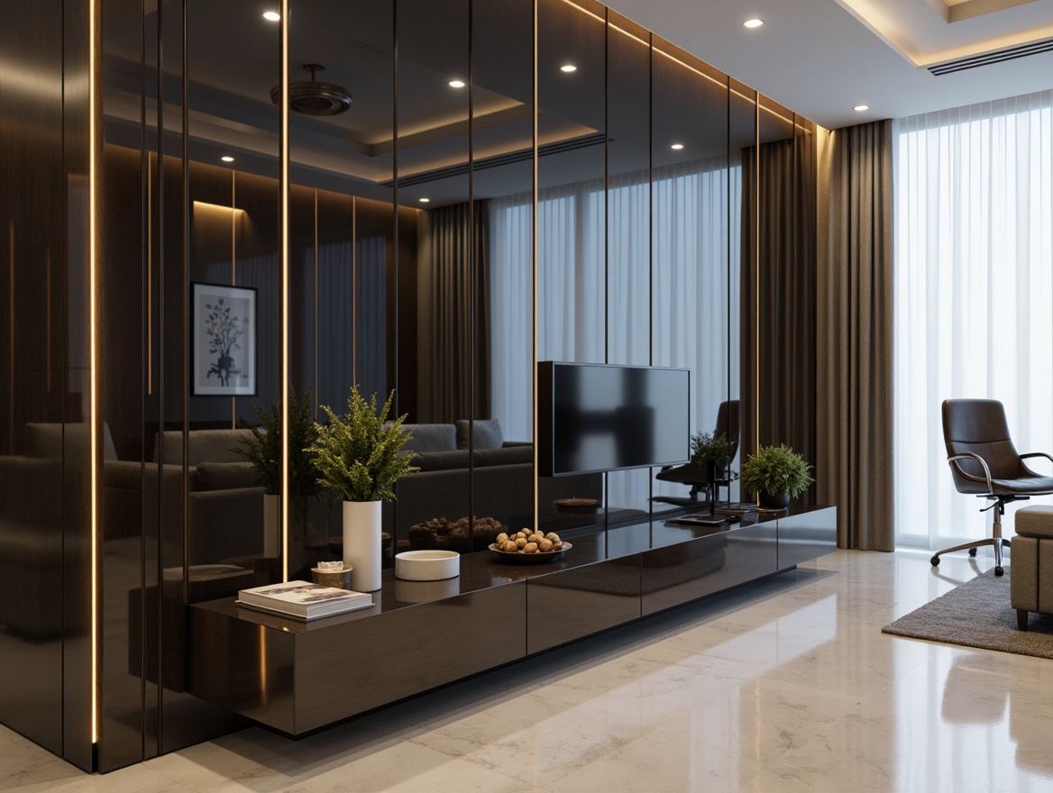 Prompt: Glossy wall tiles, metallic accents, sleek lines, minimalist decor, modern streamline interiors, luxurious living rooms, high-end residential designs, sophisticated color schemes, geometric patterns, 3D textured effects, indirect ambient lighting, soft focus blur, shallow depth of field, 2/3 composition, cinematic views, realistic reflections, subtle animations.