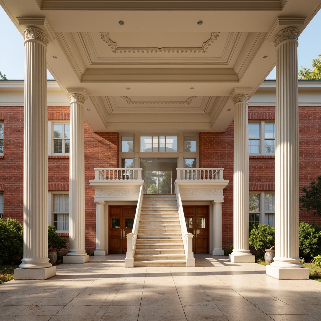 Prompt: Traditional elementary school building, classical architecture style, red brick facade, white columns, ornate entrance, carved wooden doors, symmetrical composition, balanced proportions, grand staircase, polished marble floors, warm beige walls, decorative moldings, intricate ceiling details, large windows, soft natural lighting, shallow depth of field, 1/2 composition, realistic textures, ambient occlusion.