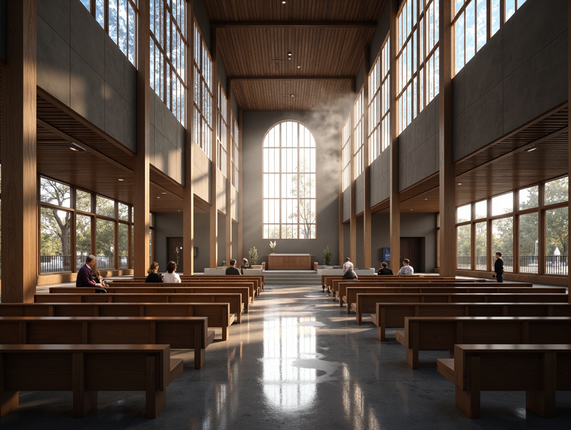 Prompt: Modern church interior, high ceiling, stained glass windows, natural light pouring in, wooden pews, sleek minimalist altar, textured stone walls, polished concrete floors, warm ambient lighting, subtle shadows, 3/4 composition, realistic reflections, intricate architectural details, soft focus blur, atmospheric mist, serene atmosphere, peaceful ambiance.