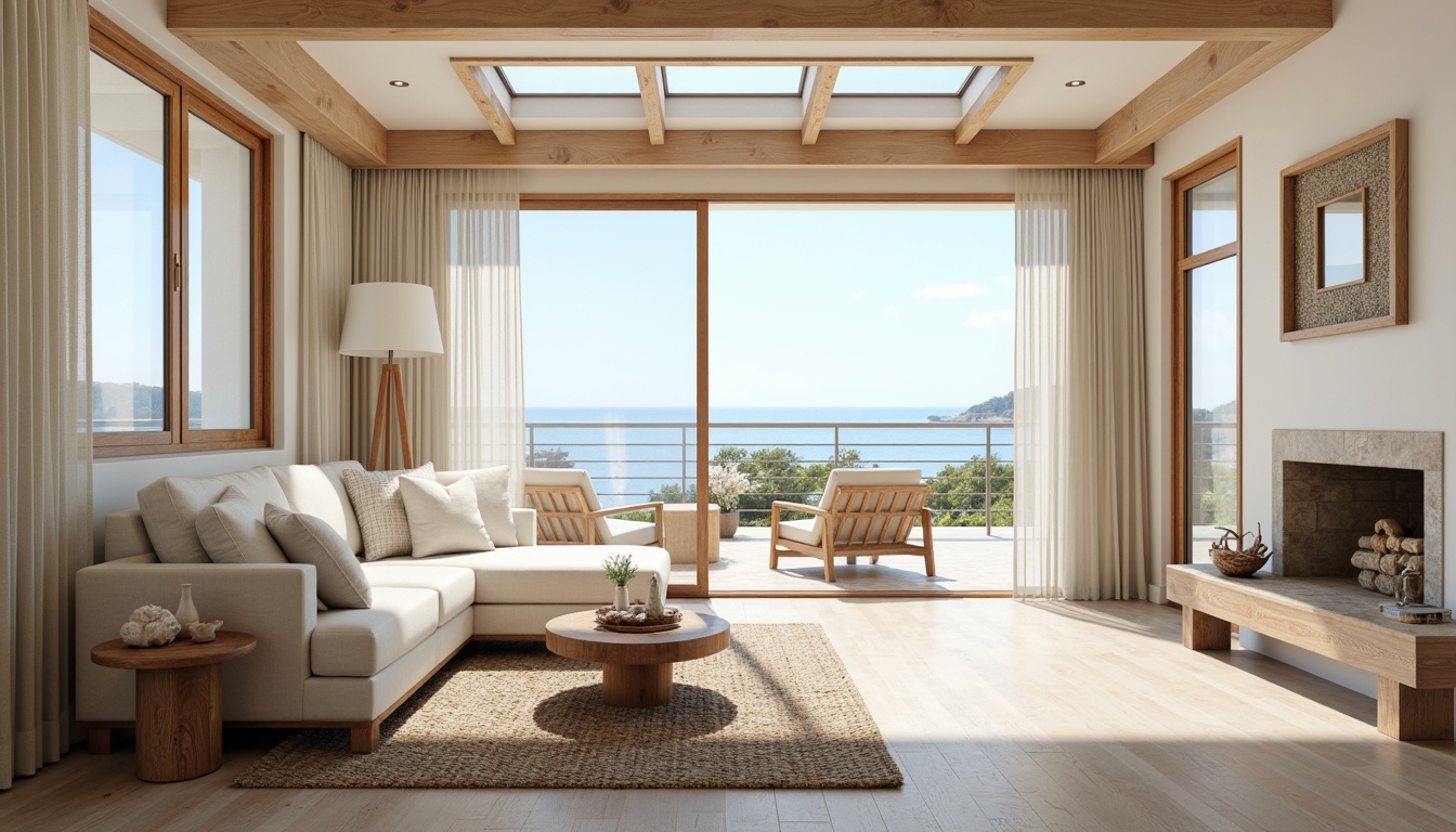 Prompt: Bright coastal interior, large windows, sliding glass doors, ocean views, natural wood accents, light-colored flooring, minimalist decor, sheer white curtains, soft diffused lighting, warm beige tones, textured woven rugs, driftwood-inspired furniture, shells and pebbles decorations, airy open spaces, high ceilings, clerestory windows, skylights, reflective surfaces, subtle nautical themes, calming color palette, gentle ocean breeze, 1/2 composition, soft focus, natural textures.