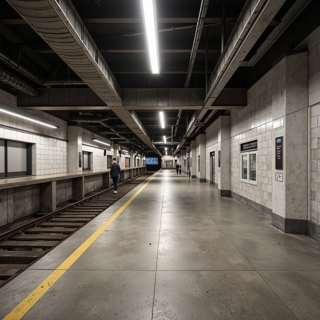 Prompt: Polished concrete floors, industrial chic vibe, urban metro station atmosphere, transitional style blend, modern minimalist aesthetic, sleek metal accents, exposed ductwork, functional lighting, durable flooring options, slip-resistant surfaces, high-traffic area design, commercial-grade materials, neutral color palette, subtle texture contrasts, realistic reflections, 1/1 composition, softbox lighting, ambient occlusion.