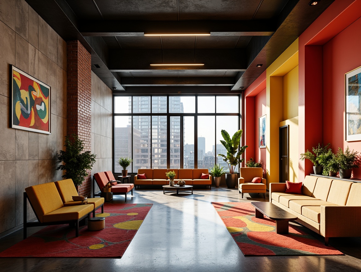 Prompt: Industrial-chic hotel lobby, bold primary colors, geometric patterns, minimalist decor, clean lines, functional furniture, steel accents, exposed brick walls, polished concrete floors, modern lighting fixtures, rectangular shapes, abstract artwork, urban cityscape views, morning sunlight, high-contrast shadows, 1/1 composition, dramatic spotlighting, realistic textures, ambient occlusion.