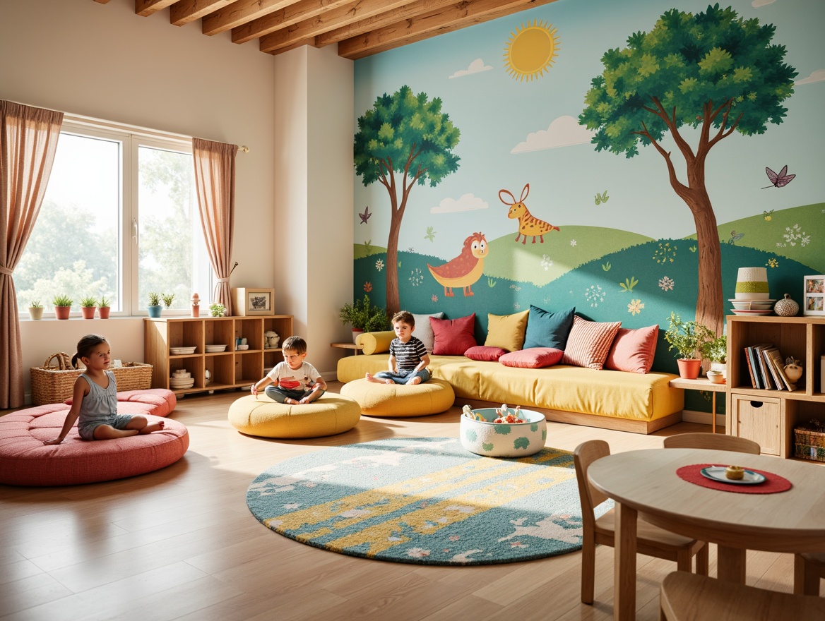 Prompt: Vibrant kindergarten interior, playful textile patterns, soft cushioned furniture, pastel color schemes, whimsical wall murals, educational toys, wooden play structures, cozy reading nooks, circular tables, tiny chairs, colorful rugs, natural light, warm ambient lighting, shallow depth of field, 3/4 composition, realistic textures, ambient occlusion.