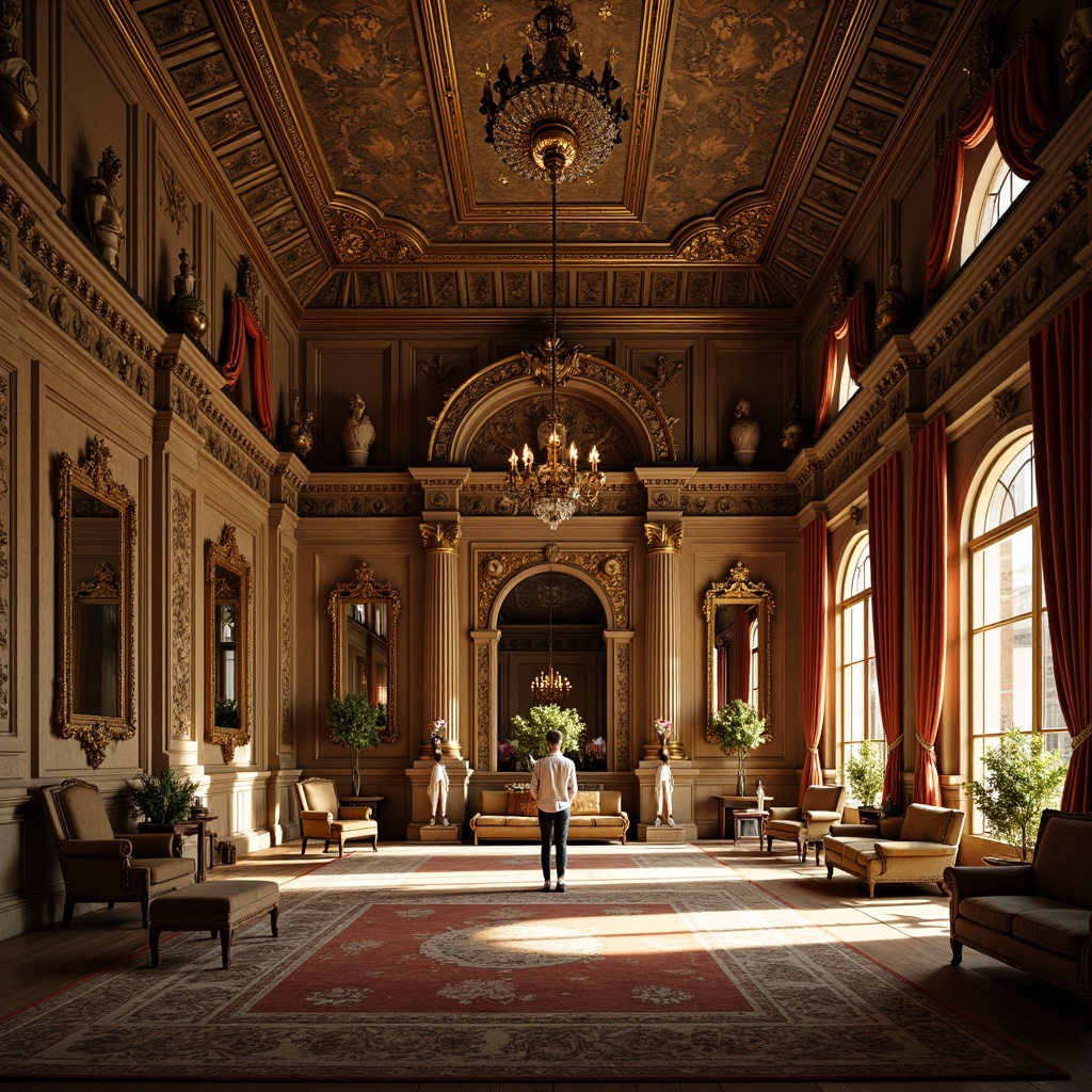 Prompt: Richly ornamented palace, intricate stone carvings, gilded accents, lavish furnishings, opulent drapery, heavily textured walls, ornate mirrors, crystal chandeliers, velvet upholstery, luxurious fabrics, embossed metalwork, high-gloss finishes, dramatic lighting, cinematic composition, shallow depth of field, warm golden tones, soft focus, realistic reflections.