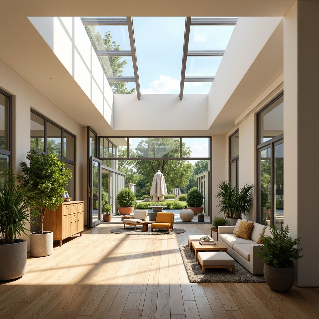 Prompt: Vibrant open-plan living space, floor-to-ceiling windows, sliding glass doors, clerestory windows, skylights, transparent rooflights, white interior walls, polished wooden floors, minimalist decor, greenery, potted plants, natural textiles, soft warm lighting, ambient shadows, 1/1 composition, shallow depth of field, realistic reflections, subtle color palette.