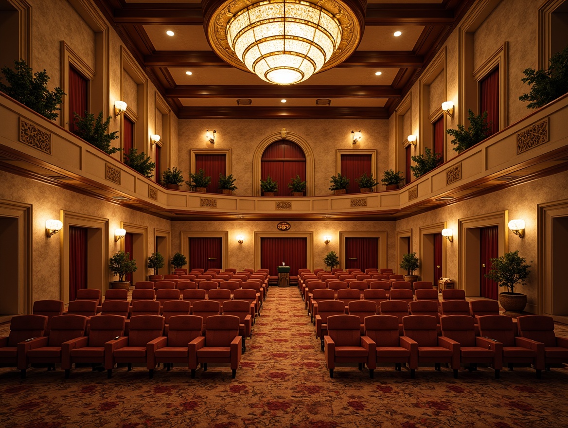 Prompt: Warm Mediterranean-style auditorium, curved rows of seats, plush velvet upholstery, rich wood accents, ornate golden details, grand chandelier, soft warm lighting, shallow depth of field, 3/4 composition, panoramic view, realistic textures, ambient occlusion, tiered seating arrangement, comfortable armchairs, intimate gathering space, decorative arches, rustic stone walls, earthy color palette, natural textiles, woven baskets, potted olive trees, classic architectural elements.