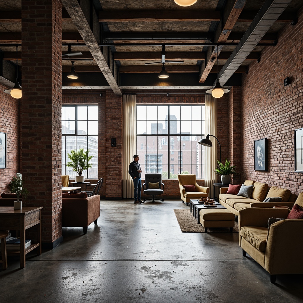 Prompt: Exposed brick walls, metal beams, reclaimed wood accents, industrial-style lighting fixtures, concrete floors, urban loft atmosphere, converted warehouse space, eclectic mix of vintage and modern furniture, distressed textures, neutral color palette, functional decor, mechanical equipment visible, urban cityscape views, overcast day, dramatic shadows, high contrast ratio, 1/2 composition, realistic rendering, atmospheric perspective.