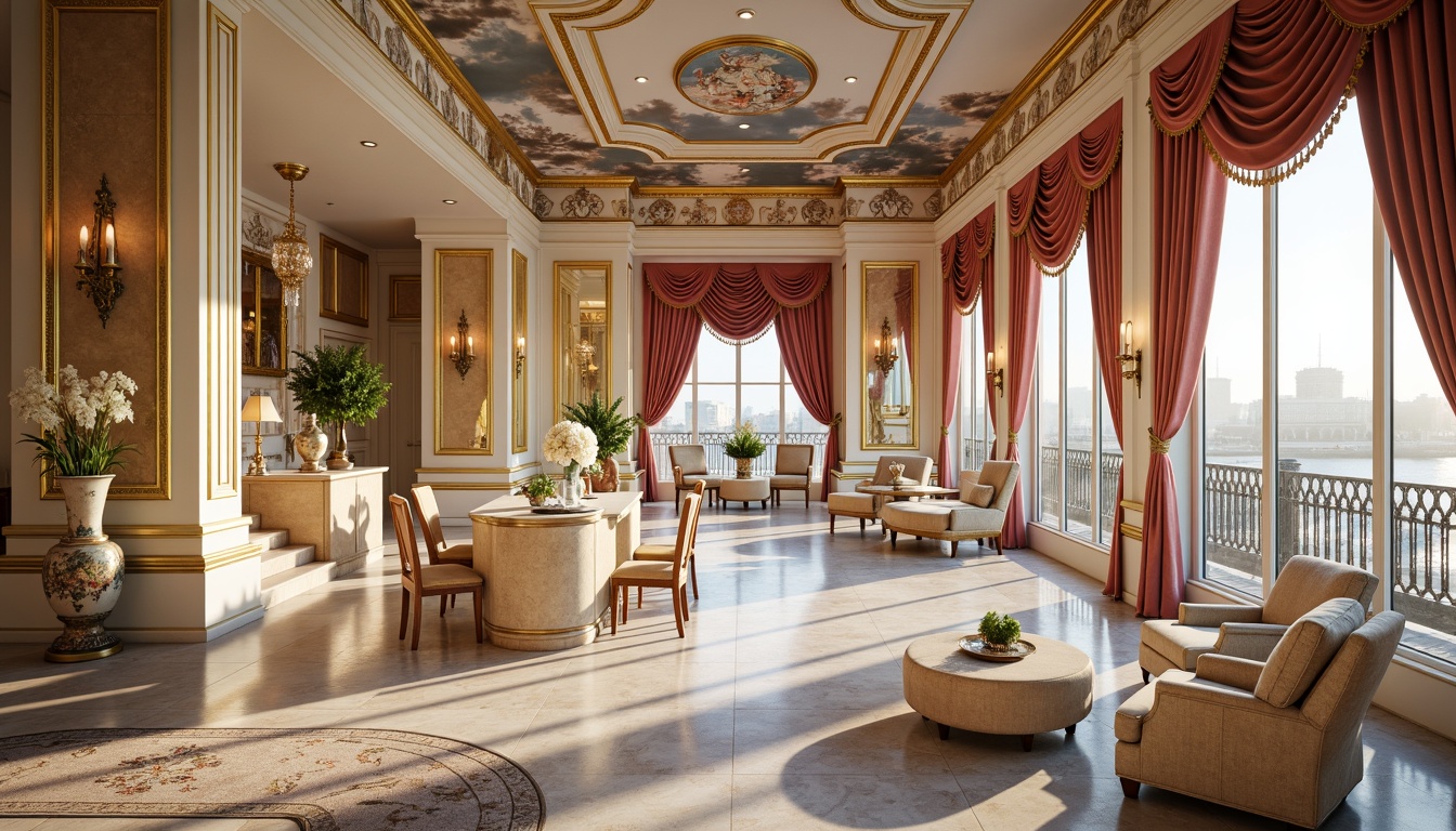 Prompt: Luxurious penthouse, ornate Rococo style, soft golden lighting, lavish furnishings, rich velvet drapes, intricate carvings, ornamental mirrors, gilded frames, delicate porcelain vases, pastel color palette, pale pink accents, creamy whites, gentle blues, opulent fabrics, marble countertops, crystal chandeliers, exquisite frescoes, dramatic high ceilings, sweeping staircases, grand balconies, cityscape views, warm afternoon sunlight, soft focus, 1/2 composition.