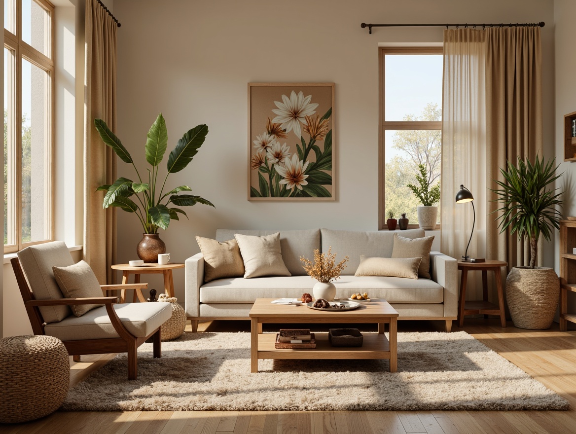 Prompt: Cozy living room, plush area rug, comfortable sofa, accent chairs, wooden coffee table, elegant side tables, floor lamps, natural textiles, woven baskets, botanical prints, earthy color palette, warm beige tones, soft golden lighting, shallow depth of field, 1/1 composition, realistic wood grain, ambient occlusion.