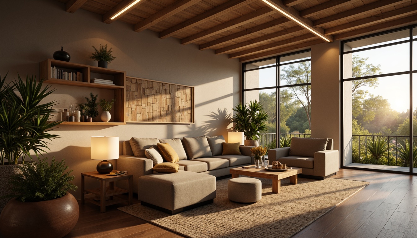 Prompt: Modern living room, soft warm glow, table lamps, floor lamps, pendant lights, chandeliers, LED strips, cozy atmosphere, natural materials, wooden furniture, minimalist decor, large windows, sunny day, gentle shadows, 3/4 composition, realistic textures, ambient occlusion.