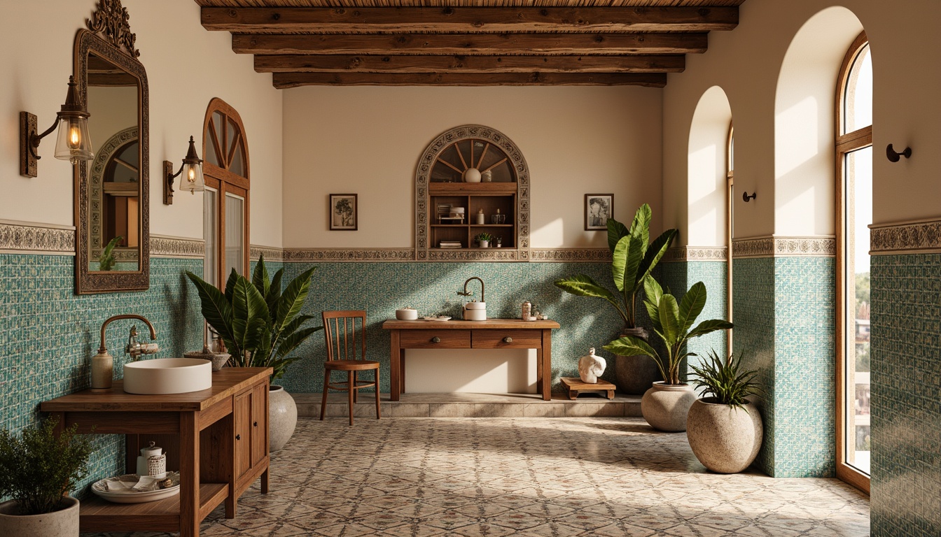 Prompt: Warm Mediterranean ambiance, soft beige walls, ornate tile work, intricate mosaics, turquoise accents, sea-inspired patterns, rustic terracotta floors, glazed ceramic tiles, Moroccan-inspired zellige, hand-painted majolica, natural stone borders, arched mirrors, ornate metal fixtures, vintage nautical decor, distressed wood cabinetry, soft warm lighting, 1/1 composition, realistic textures.