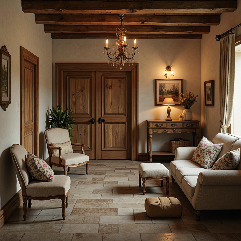 Prompt: Rustic French country interior, distressed wood furniture, ornate carvings, soft velvet upholstery, linen fabrics, natural stone flooring, vintage decorative accessories, floral patterns, elegant chandeliers, warm candlelight, soft beige walls, antique wooden doors, carved wooden panels, refined bronze hardware, romantic atmosphere, shallow depth of field, 1/1 composition, warm color palette.