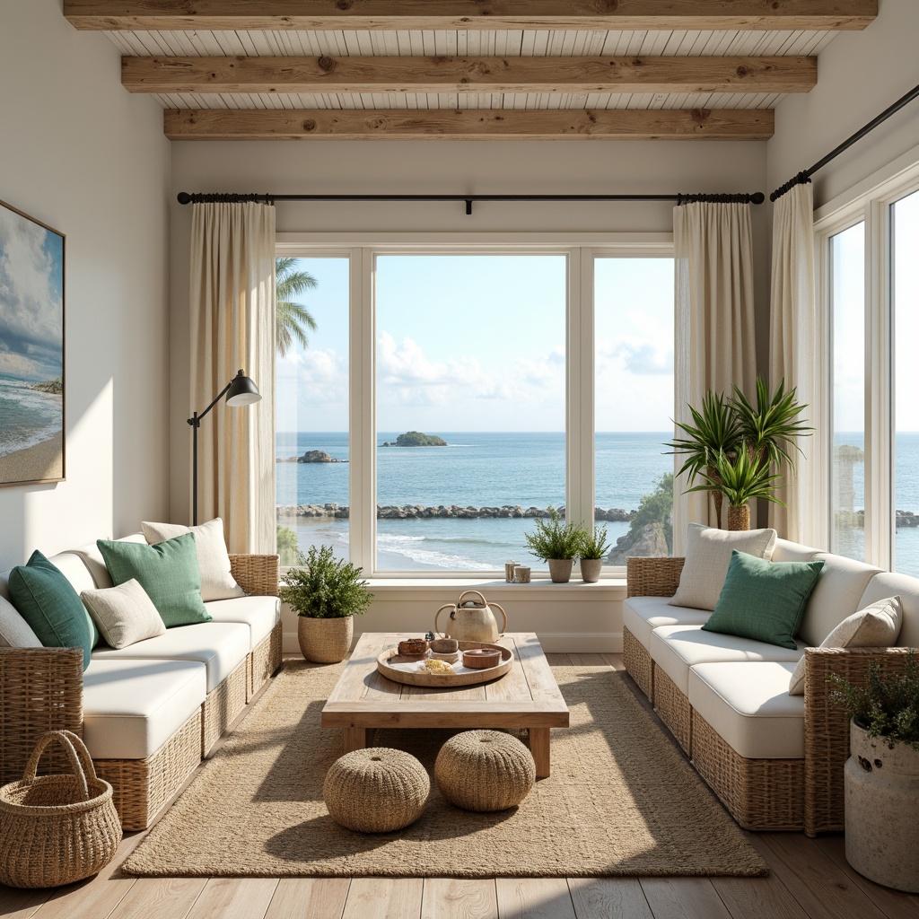 Prompt: \Calming coastal cottage, driftwood accents, soft sandy neutrals, seafoam greens, calming blues, crisp whites, natural textiles, woven baskets, rustic wooden furniture, nautical ropes, ocean-inspired artwork, serene beachscapes, warm sunlight, gentle ocean breeze, shallow depth of field, 1/1 composition, realistic textures, ambient occlusion.\