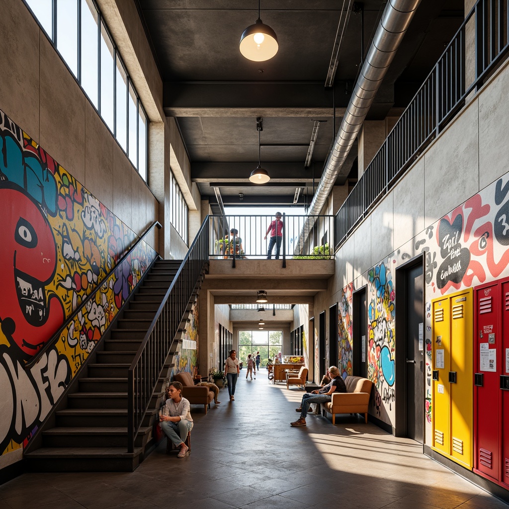 Prompt: Vibrant high school, textured walls, bold graffiti, eclectic art pieces, expressive murals, industrial metal beams, polished concrete floors, exposed ductwork, dramatic staircases, colorful lockers, lively corridors, natural light pouring, warm atmospheric lighting, 1/2 composition, dynamic camera angles, realistic renderings, ambient occlusion.