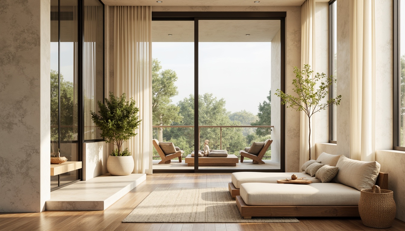 Prompt: Minimalist interior space, large windows, sliding glass doors, transparent curtains, reflective surfaces, light-colored walls, polished wooden floors, sleek modern furniture, greenery accents, natural textiles, woven baskets, earthy color palette, warm beige tones, creamy whites, soft warm lighting, shallow depth of field, 1/1 composition, realistic textures, ambient occlusion.